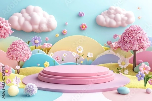 Obraz  cute stage design with a podium, landscape with clouds and sky, pastel colors, cartoon style, children's product display stand. 