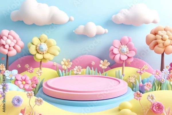 Obraz  cute stage design with a podium, landscape with clouds and sky, pastel colors, cartoon style, children's product display stand. 