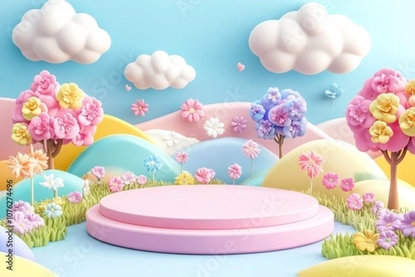 Obraz  cute stage design with a podium, landscape with clouds and sky, pastel colors, cartoon style, children's product display stand. 