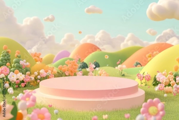 Obraz  cute stage design with a podium, landscape with clouds and sky, pastel colors, cartoon style, children's product display stand. 