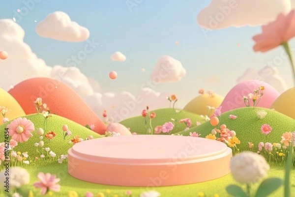 Obraz  cute stage design with a podium, landscape with clouds and sky, pastel colors, cartoon style, children's product display stand. 