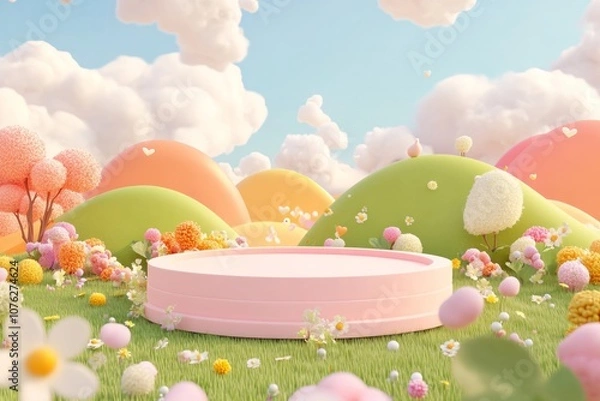 Obraz  cute stage design with a podium, landscape with clouds and sky, pastel colors, cartoon style, children's product display stand. 