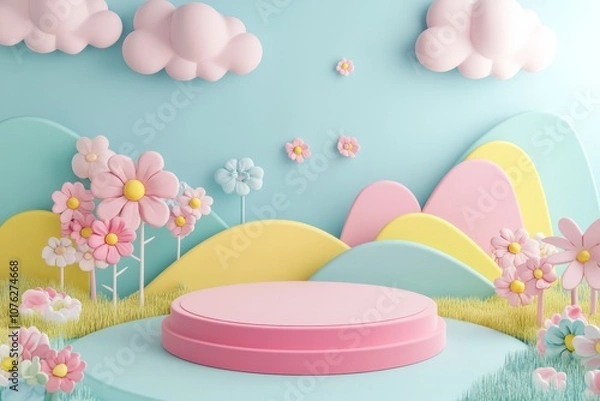 Obraz  cute stage design with a podium, landscape with clouds and sky, pastel colors, cartoon style, children's product display stand. 