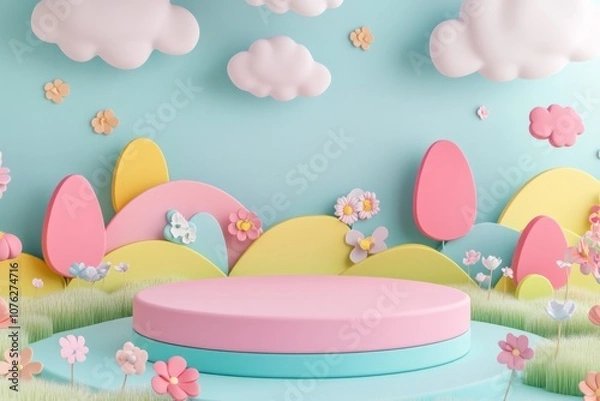 Obraz  cute stage design with a podium, landscape with clouds and sky, pastel colors, cartoon style, children's product display stand. 