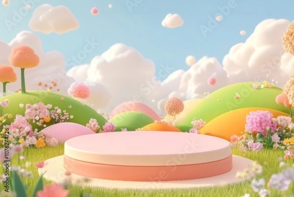 Obraz  cute stage design with a podium, landscape with clouds and sky, pastel colors, cartoon style, children's product display stand. 