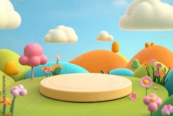 Obraz  cute stage design with a podium, landscape with clouds and sky, pastel colors, cartoon style, children's product display stand. 