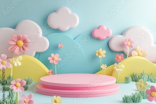Obraz  cute stage design with a podium, landscape with clouds and sky, pastel colors, cartoon style, children's product display stand. 