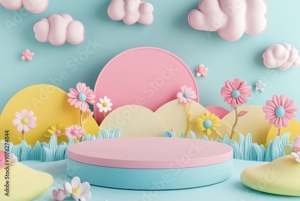 Obraz  cute stage design with a podium, landscape with clouds and sky, pastel colors, cartoon style, children's product display stand. 