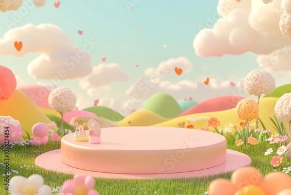 Obraz  cute stage design with a podium, landscape with clouds and sky, pastel colors, cartoon style, children's product display stand. 