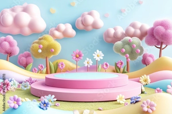 Obraz  cute stage design with a podium, landscape with clouds and sky, pastel colors, cartoon style, children's product display stand. 