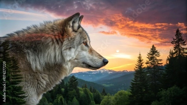Fototapeta Stunning Double Exposure of a Wolf Merging with a Serene Forest and Vibrant Sunset, Nature's Beauty Captured in a Unique Artistic Blend