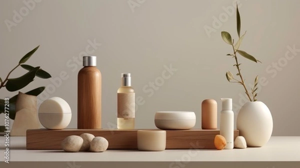 Obraz ethereal ecofriendly beauty products in minimalist packaging showcasing natural ingredients and soft muted colors illuminated by gentle diffused light on a clean white backdrop 