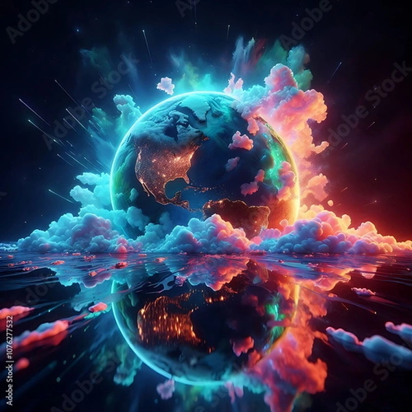 Obraz Earth Background, Colorful Landscape with Neon Lights, Bright and Tranquil Nature, for Home Decor, YouTube Thumbnail, Design, Music Cover Art, 4K Wallpaper