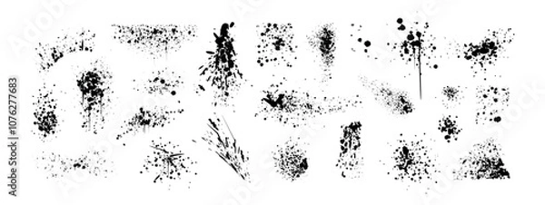 Fototapeta Spray paint drips, ink blots or splatters set. Black splashes, graffiti speckles and inkblot spots with dust effect. Paintbrush splotch, inky drops or liquid blobs. Abstract dirty grunge splash stains