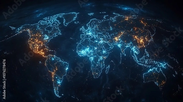 Fototapeta Map of the world with blue lights connecting, Technology network connecting earth map