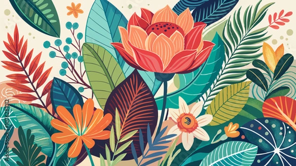 Fototapeta Botanical doodle background art vector set. Flower and leaves abstract shape doodle art design for print, wallpaper, clipart, wall art for home decoration.