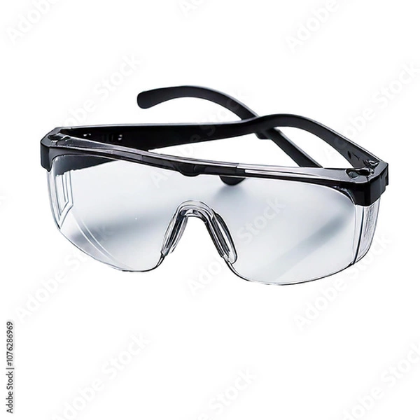 Fototapeta Clear Safety Glasses with Black Frames, Slightly Angled to Show Lenses and Arms, Isolated on White Background, Reflecting Subtle Studio Light