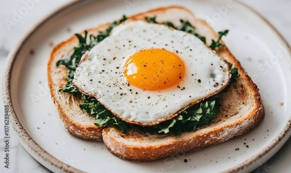 Fototapeta Roasted eggs with greens served on sourdough toast, Generative AI 