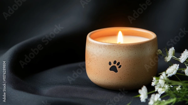 Obraz flame burning for pet memorrail sits on black fabric with white flower, copy space for text