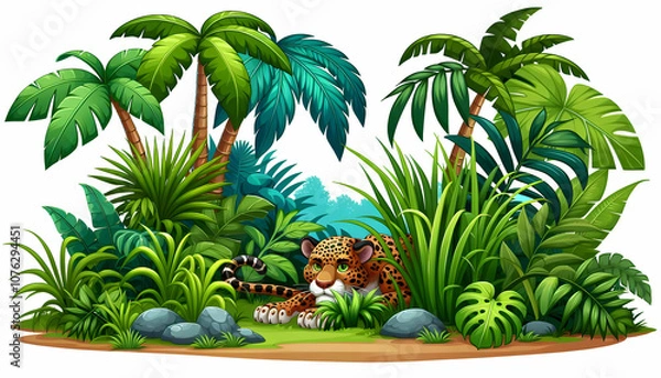 Fototapeta Cartoon jungle illustration with tall grasses giant palm leaves and a jaguar hiding in the bushes 1