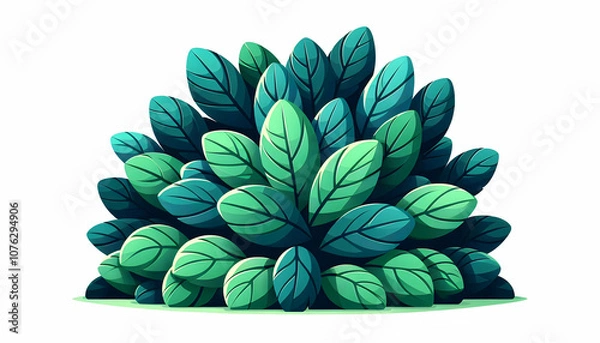 Fototapeta Bush with layered overlapping leaves in dark green and light teal isolated on white cartoonish vib4
