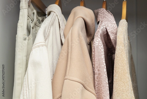 Fototapeta Closeup of texture of beige, cozy and minimalistic clothes capsule