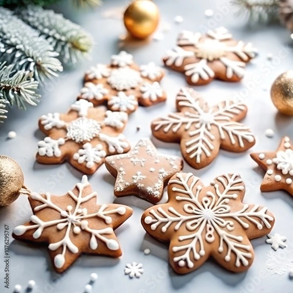 Fototapeta Star shaped gingerbread cookies. Christmas festive traditional sweets, baking, cookies, biscuit.