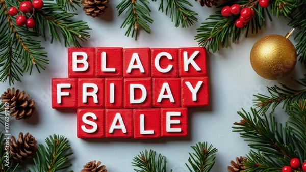 Fototapeta A cozy flat lay scene with the words Black Friday Sale on red wooden blocks, surrounded by lush green pine branches, pine cones, and red berries