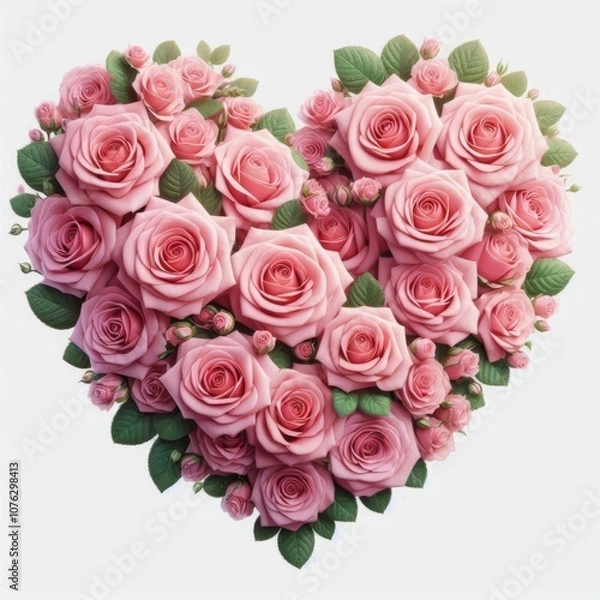 Fototapeta Pink roses arranged in a heart shape, isolated on a white background