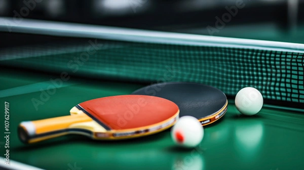 Fototapeta Close-up of two ping pong paddles and a ball on a green table with a net, focusing on table tennis equipment.