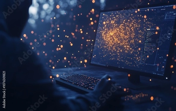 Fototapeta A person interacts with a computer displaying glowing data visualizations in a dark environment, suggesting a tech-focused or analytical theme.