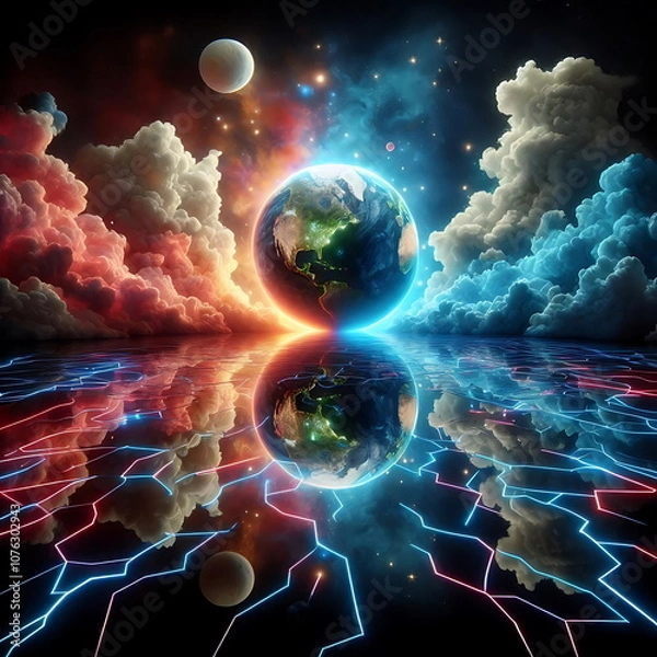 Fototapeta Earth Background, Colorful Landscape with Neon Lights, Bright and Tranquil Nature, for Home Decor, YouTube Thumbnail, Design, Music Cover Art, 4K Wallpaper