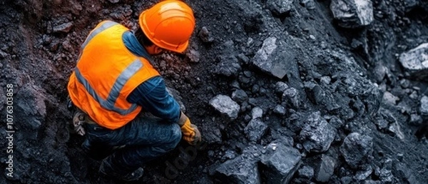 Fototapeta A construction worker in safety gear carefully inspects coal in a mining site, highlighting the importance of safety in the industry.