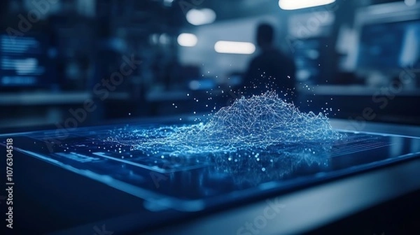 Obraz A glowing blue holographic display shows a dynamic wave of particles, creating a futuristic visual effect in a high-tech environment.