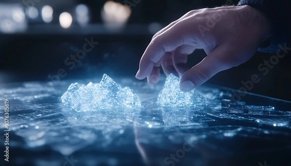 Obraz A close-up of a hand interacting with shimmering ice formations on a reflective surface, creating a captivating visual effect.
