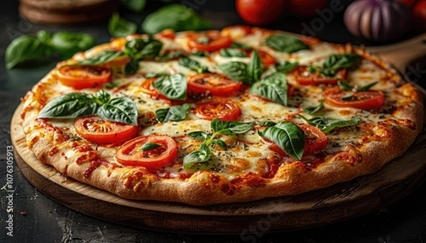 Fototapeta Close-up of a Margherita Pizza with Fresh Basil and Tomato Slices