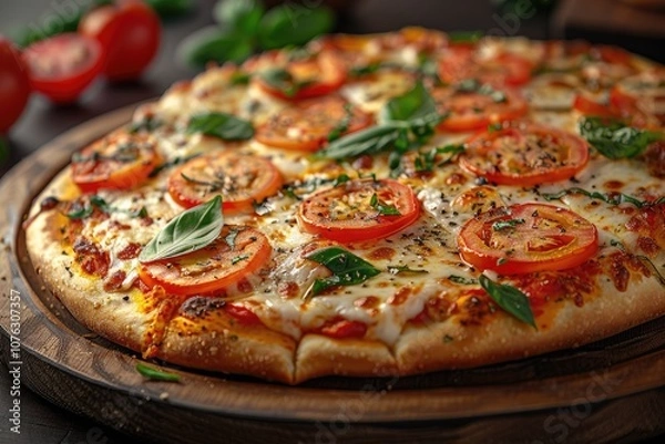 Fototapeta Close-up of a Margherita Pizza with Fresh Basil and Tomato Slices