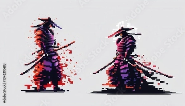 Obraz drawn pixel samurai on white background