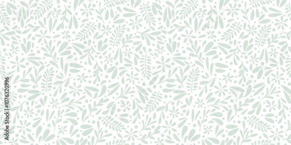 Fototapeta White ditsy leaves and flower vector repeat pattern, tiny flower print, cute green spring background texture, pastel mint wallpaper design