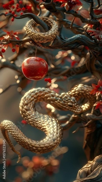 Obraz A tree with a golden snake coiled around its branches.