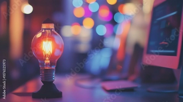Obraz A glowing light bulb on a desk with a computer in the background