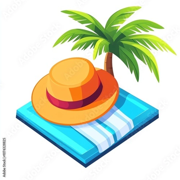 Fototapeta A colorful beach scene featuring a sun hat, palm tree, and a blue towel, evoking relaxation and summer vibes.