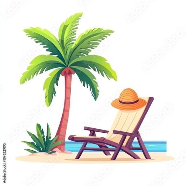 Fototapeta A tropical scene featuring a lounge chair under a palm tree, complemented by a straw hat, evoking relaxation and serene beach vibes.