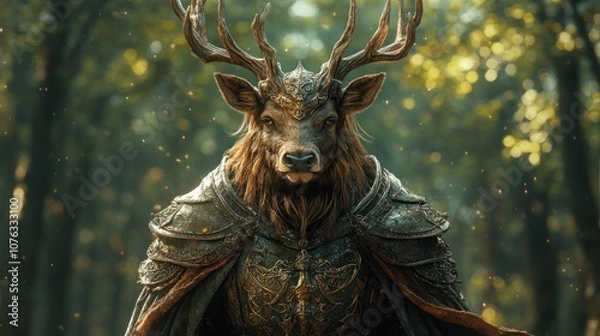 Fototapeta A majestic stag in ornate armor stands in a mystical forest.