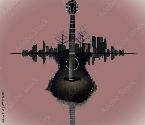 Fototapeta minimalistic illustration of guitar and city, in the shape of an audio wave, water reflection, simple vector art, purple background, 