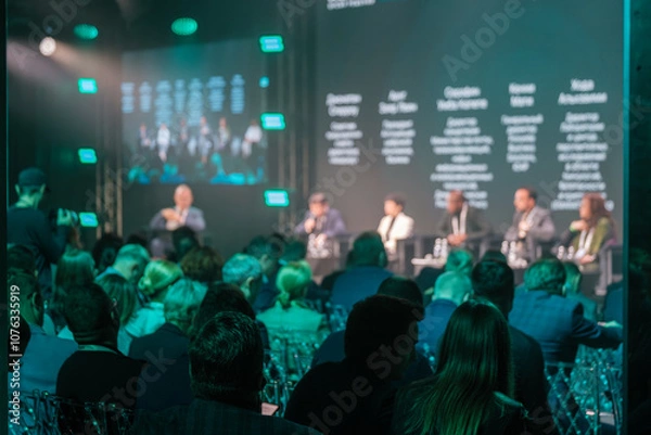 Obraz Audience attending business conference featuring diverse panelists discussing key industry topics in modern setting.