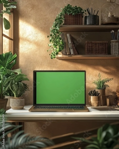 Fototapeta Minimalist workspace setup, Cozy Workspace Setup in a Warm Room