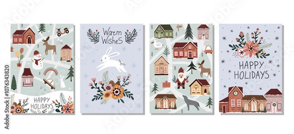 Fototapeta Hand drawn winter holiday cards. Merry Christmas card with inscription, Christmas card, rabbit, snowman, houses, wolf, trees. Merry Christmas. Happy New Year. Invitation cards with quotes. 