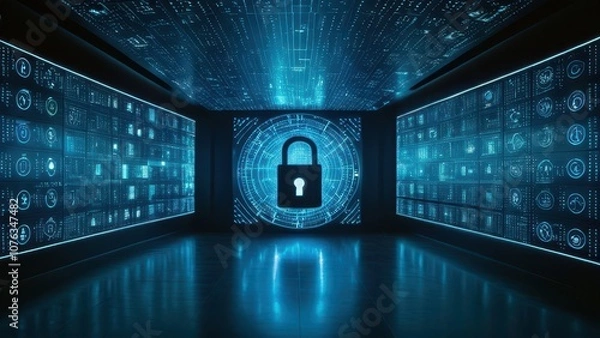 Fototapeta A glowing padlock surrounded by vibrant digital data streams, symbolizing cybersecurity and data protection in a modern, high-tech environment