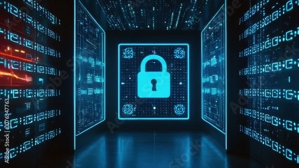 Fototapeta A glowing padlock surrounded by vibrant digital data streams, symbolizing cybersecurity and data protection in a modern, high-tech environment